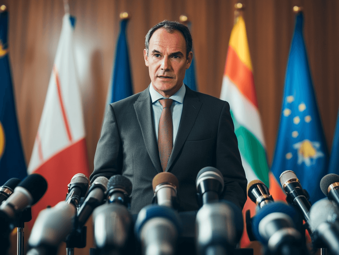 A government official addressing a press conference with a serious expression