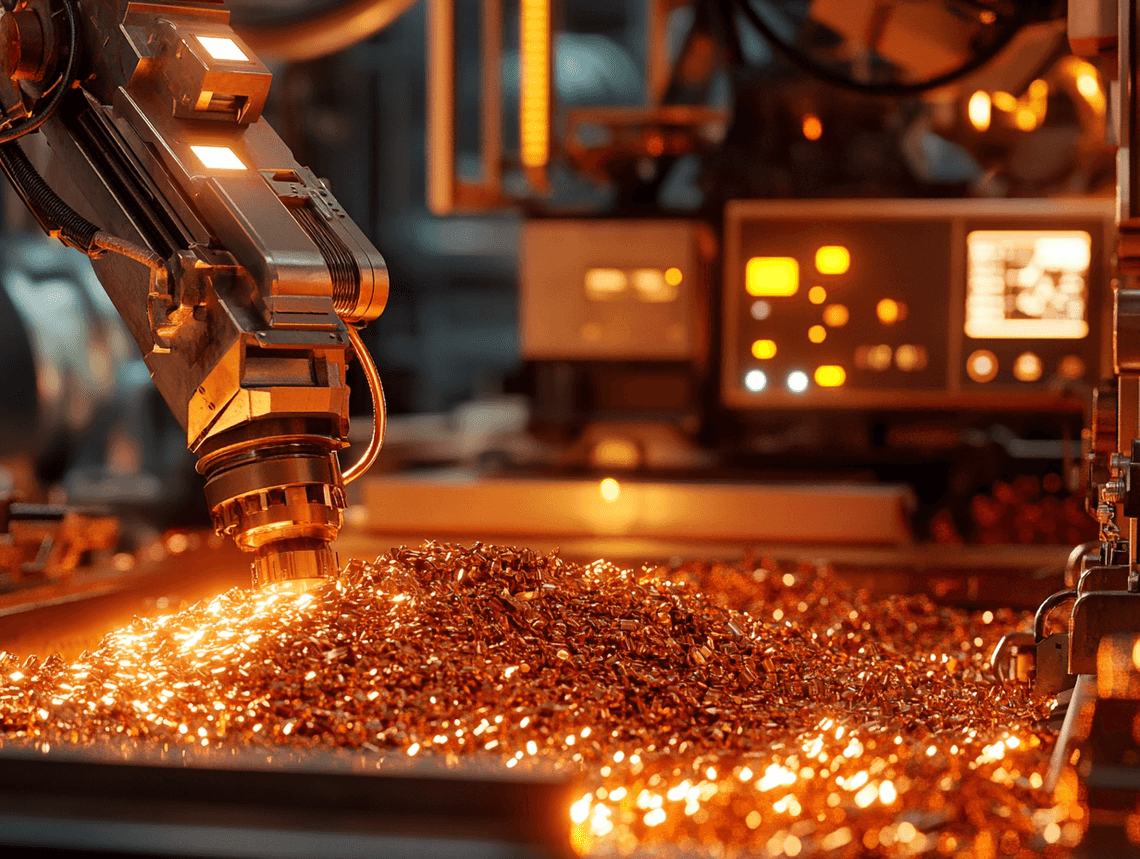 A futuristic AI-driven mining operation with copper-rich terrain