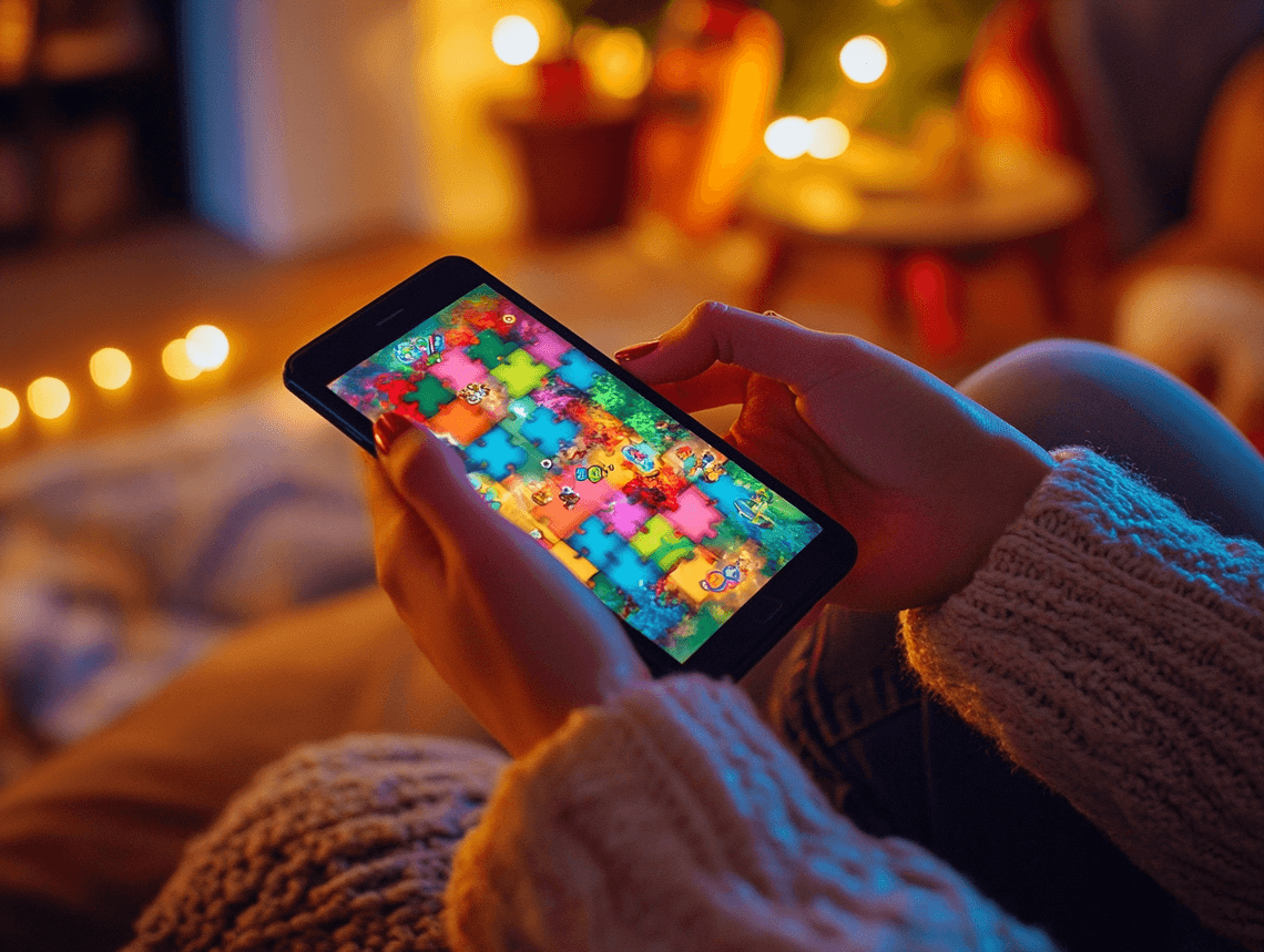 A player solving a vibrant puzzle on a mobile device