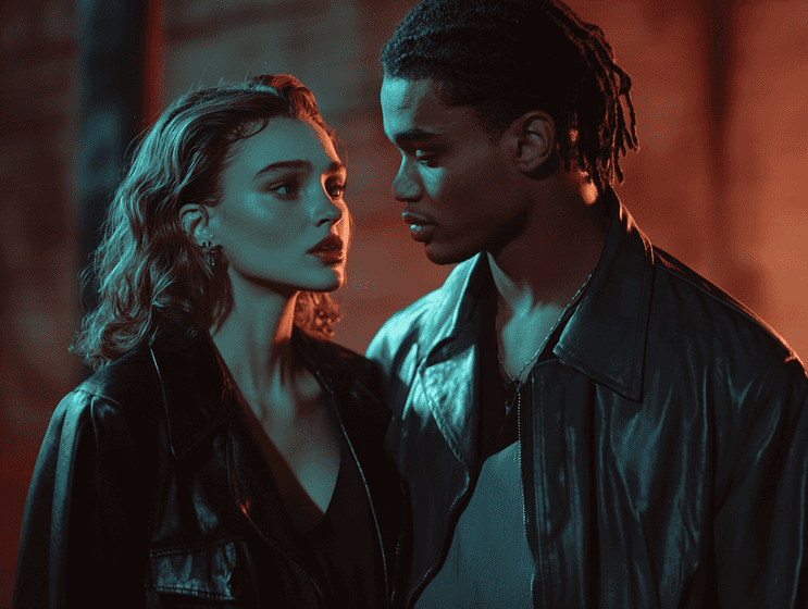 Lily-Rose Depp on set of The Idol, wearing a glamorous outfit, surrounded by production lights and cameras.