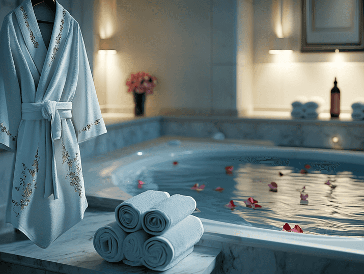 A cozy spa lounge with a robe draped over a chair, surrounded by greenery and natural light