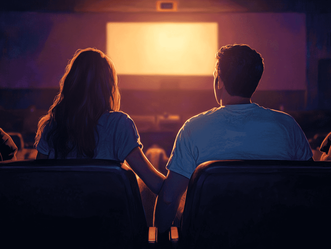 A couple holding hands while watching a movie, with a projector casting a warm glow