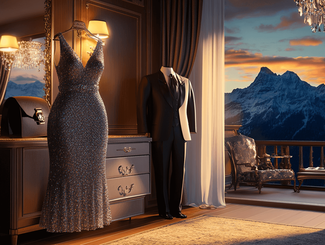 A beautifully set dining table with a view of the Swiss Alps