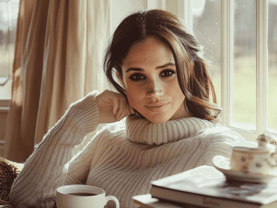 A glamorous image of Meghan Markle in a sophisticated outfit, representing her elegance and style.