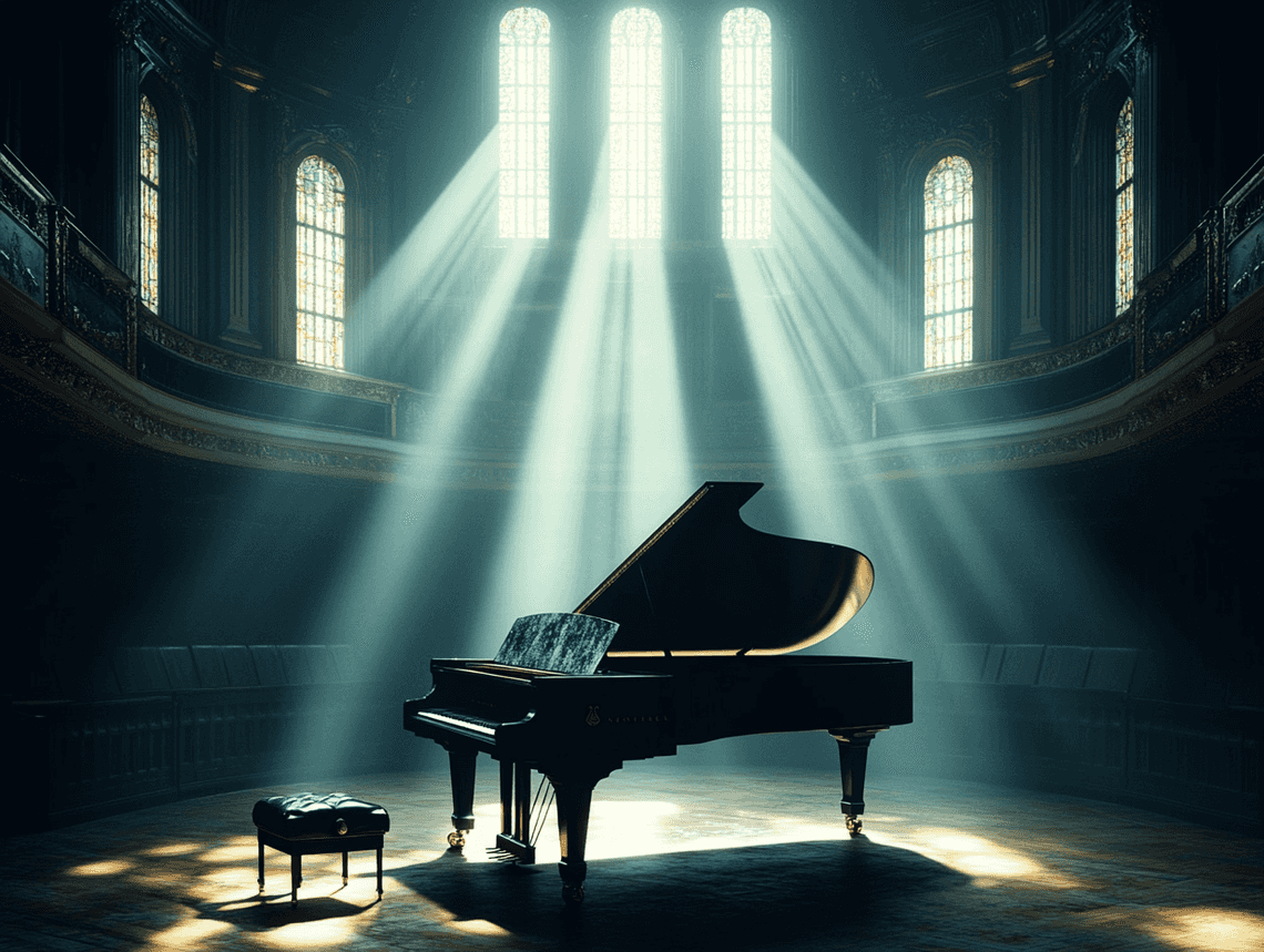 A dramatic shot of a concert hall with an empty stage, symbolizing uncertainty