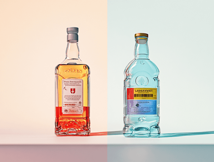 A comparison of alcohol labels from different countries, showcasing varying levels of health warnings