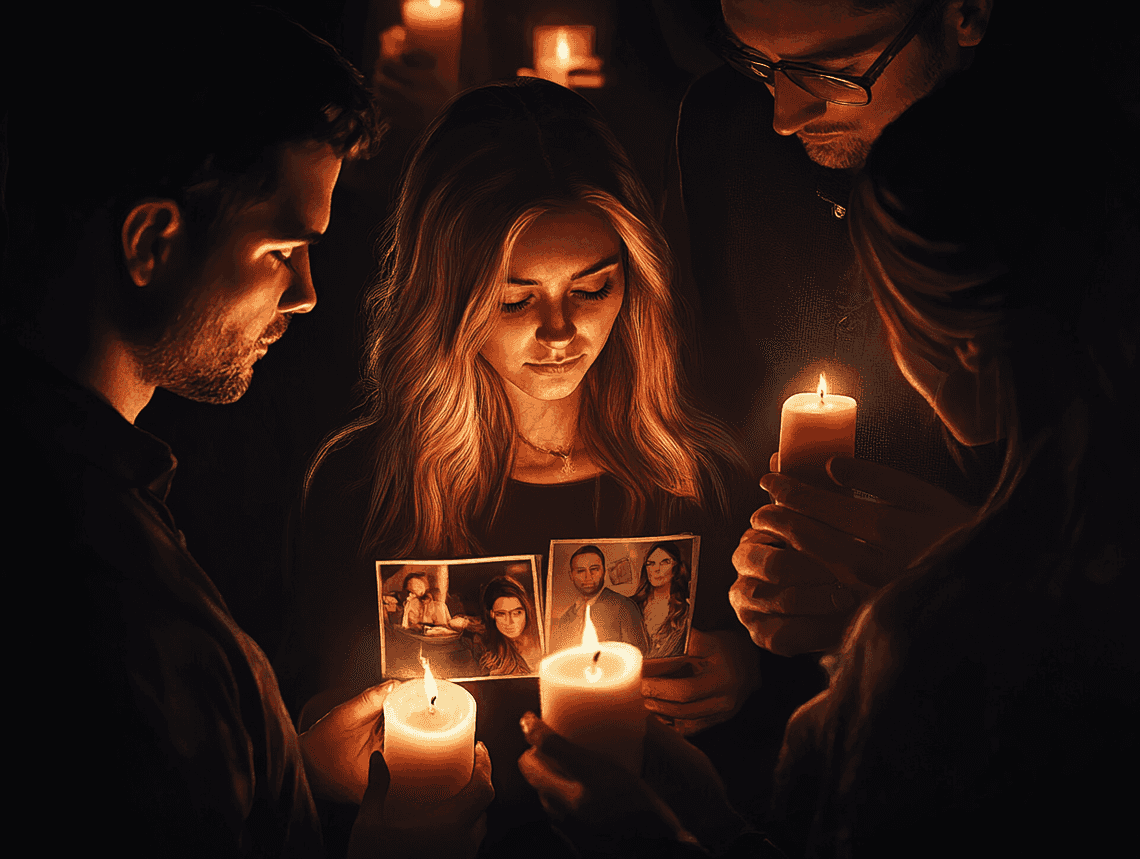 A somber image of family members holding a vigil with candles and photos of loved ones.