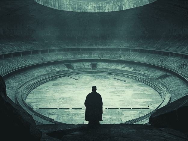 A dramatic scene of a masked figure standing in a shadowy room, symbolizing the tension of Squid Game Season 2