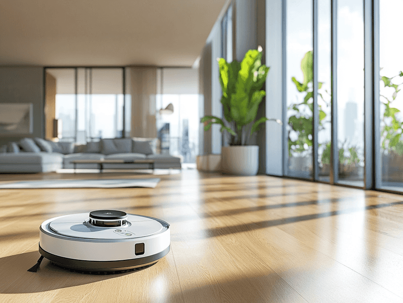 A sleek smart vacuum in a modern home setting, showcasing its multitasking capabilities