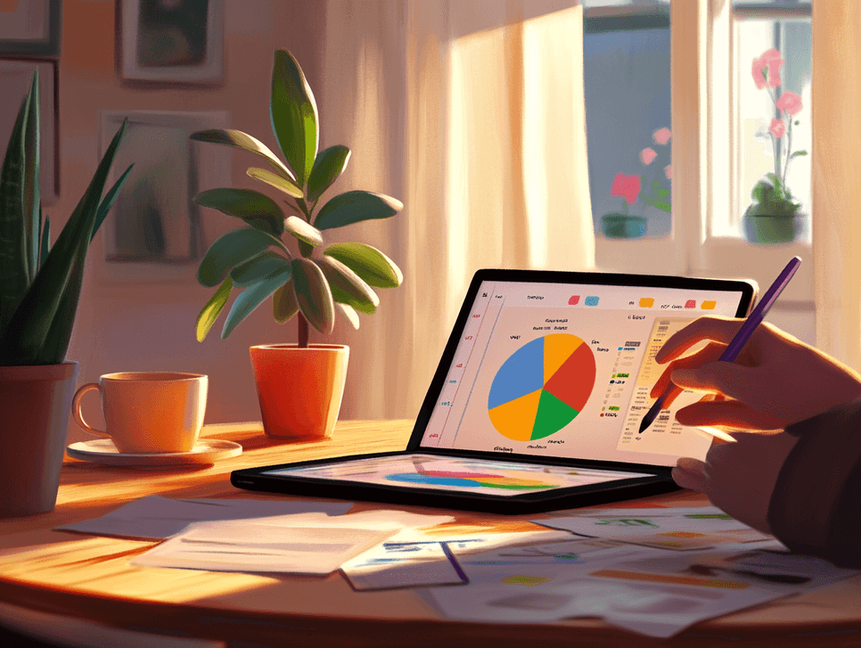 A person organizing their budget with colorful charts and graphs