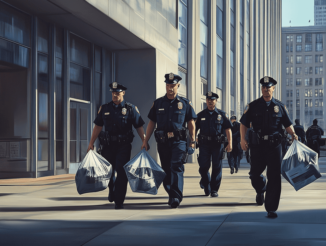 A dramatic scene of a police raid at an office building, with officers carrying documents and evidence bags.