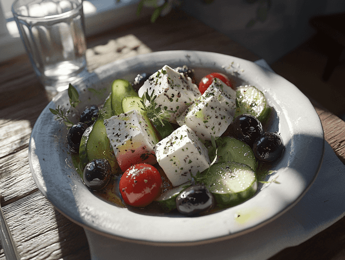 A colorful Mediterranean meal featuring fresh vegetables, olive oil, and grilled fish