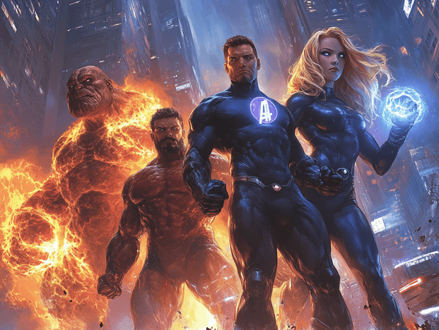 A cinematic depiction of the Fantastic Four team in action, showcasing their unique powers
