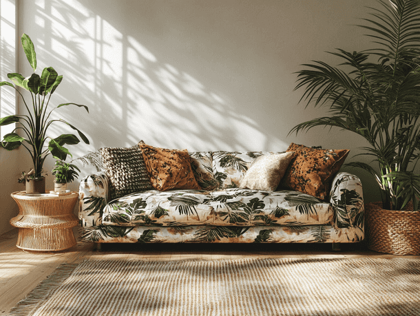A spacious living room with a deep sectional sofa and natural light streaming in