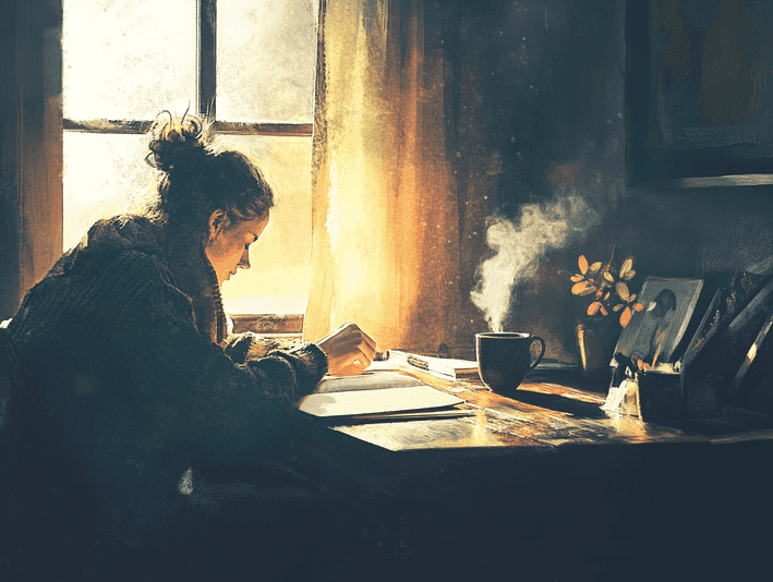 A serene yoga session at sunrise, with a person stretching on a mat