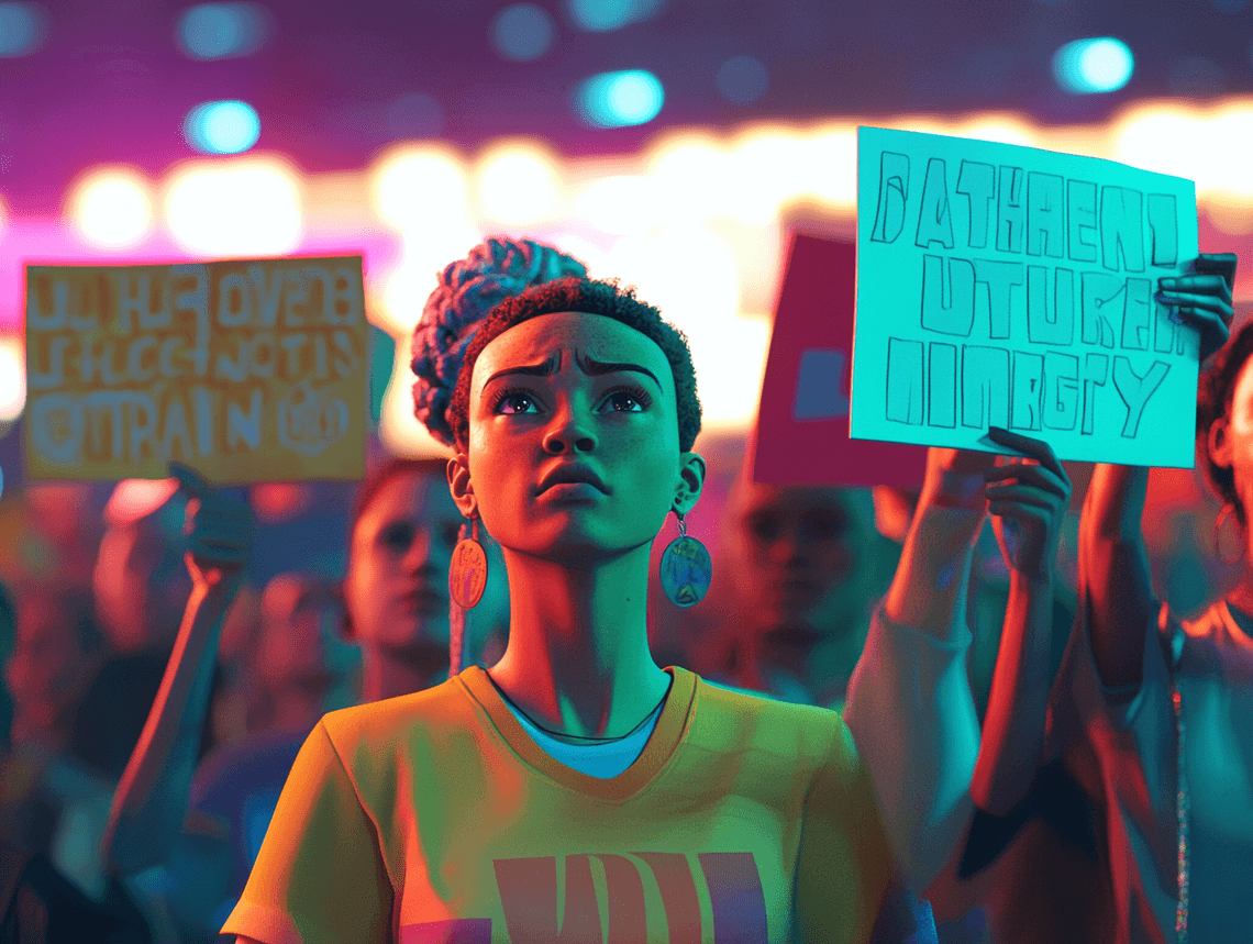 A group of fans in a stadium holding signs