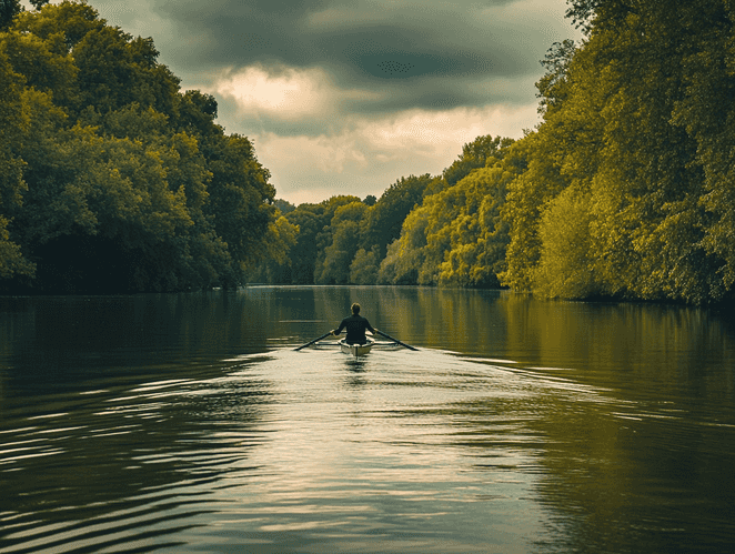 A group of people rowing together on a calm lake during sunrise