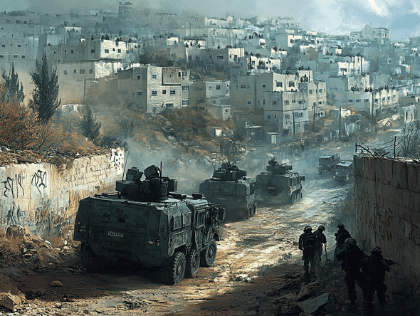 A military checkpoint in the West Bank with soldiers and civilians