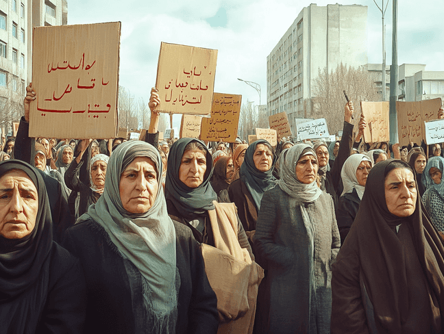 A public protest in Iran, with women holding signs and standing together.
