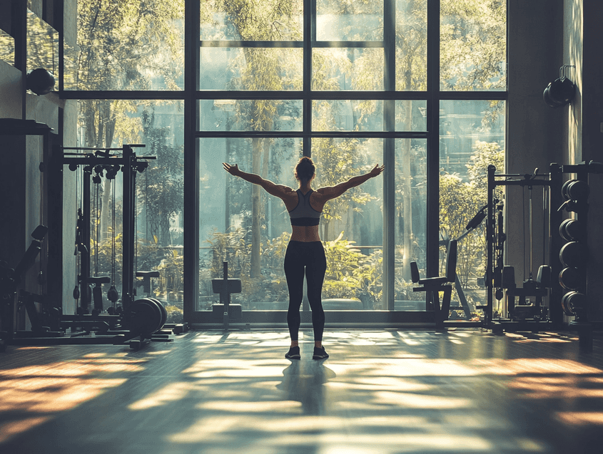 A person performing a dynamic stretch in a bright, modern gym