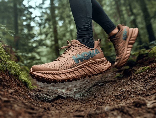 A runner wearing Hoka shoes on a trail path