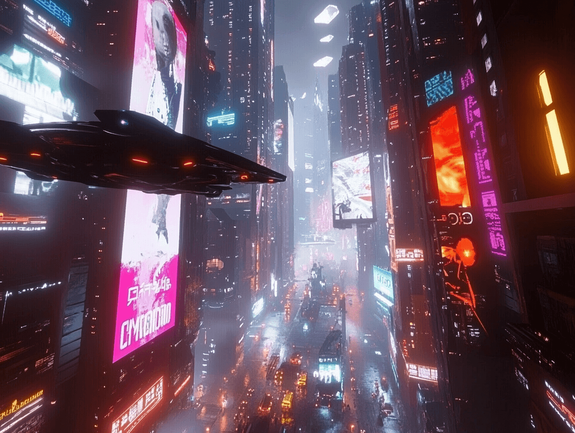 A futuristic cityscape with advanced technology and glowing skyscrapers