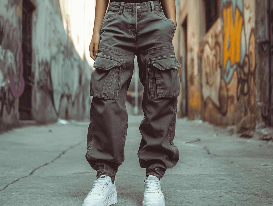 A close-up of cargo jeans with multiple pockets and a casual top