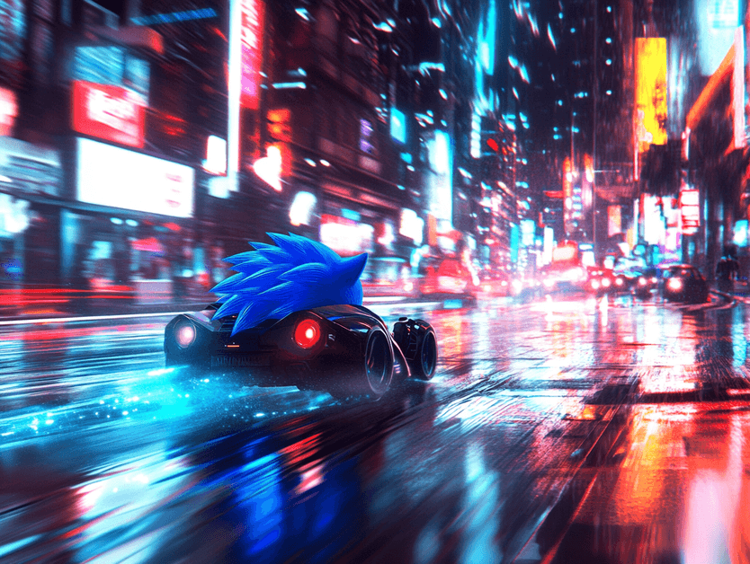 A blue hedgehog running through a futuristic cityscape, symbolizing Sonic's high-speed adventures