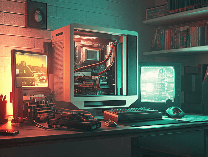 A futuristic gaming setup with a retro Nvidia GPU in use