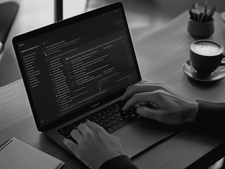 A person confidently using a laptop to manage database files