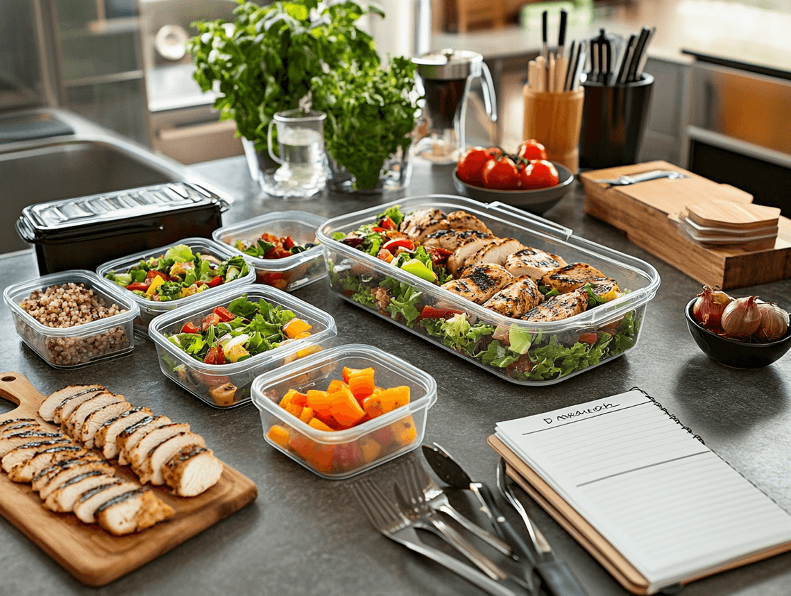 A colorful plate of fresh vegetables and whole grains served on a wooden table