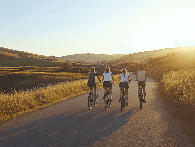 A group of friends cycling together outdoors, showcasing the social benefits of exercise