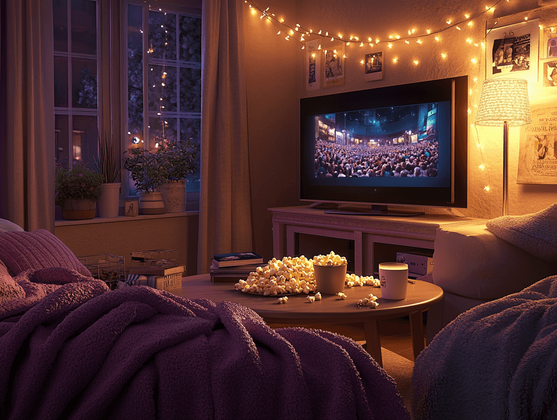 A cozy living room with a TV streaming a popular show, popcorn on the table, and a warm ambiance