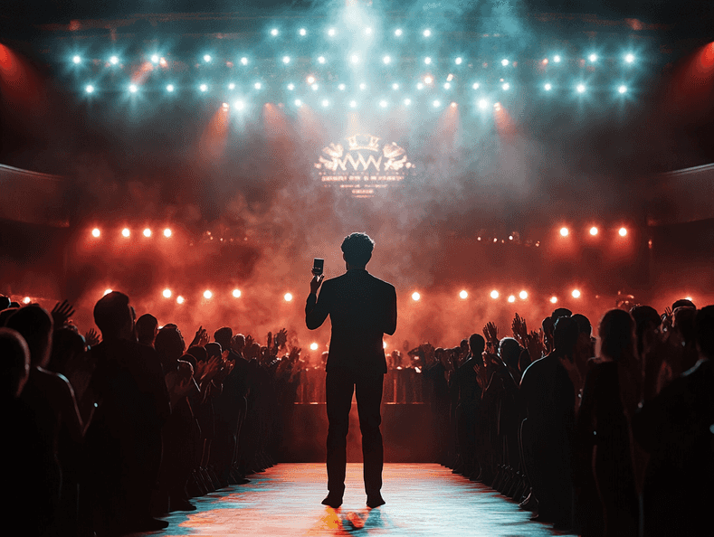 A glamorous red carpet scene with celebrities posing for cameras