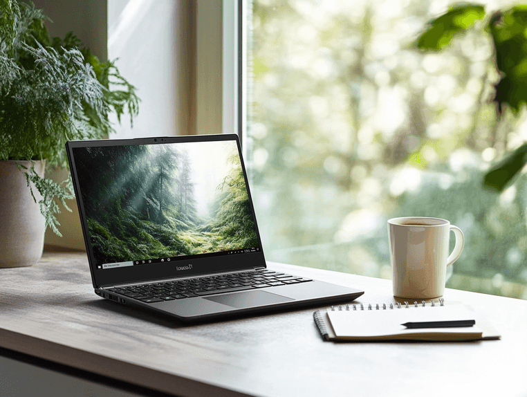 A sleek Lenovo Yoga 7i laptop on a modern desk setup