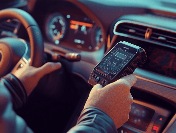 A close-up of a GPS tracker device being held in someone's hand