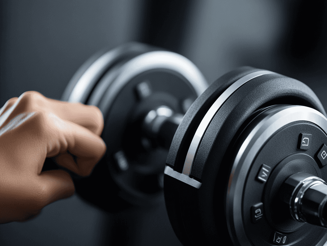 A sleek set of adjustable dumbbells placed on a modern home gym floor