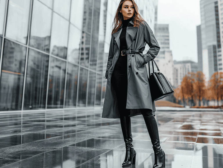 A woman in a tailored trench coat over a black outfit, standing near a cityscape