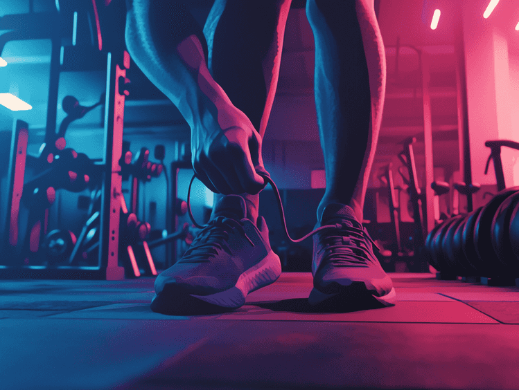 A fit individual tying their sneakers in a gym setting, ready to work out