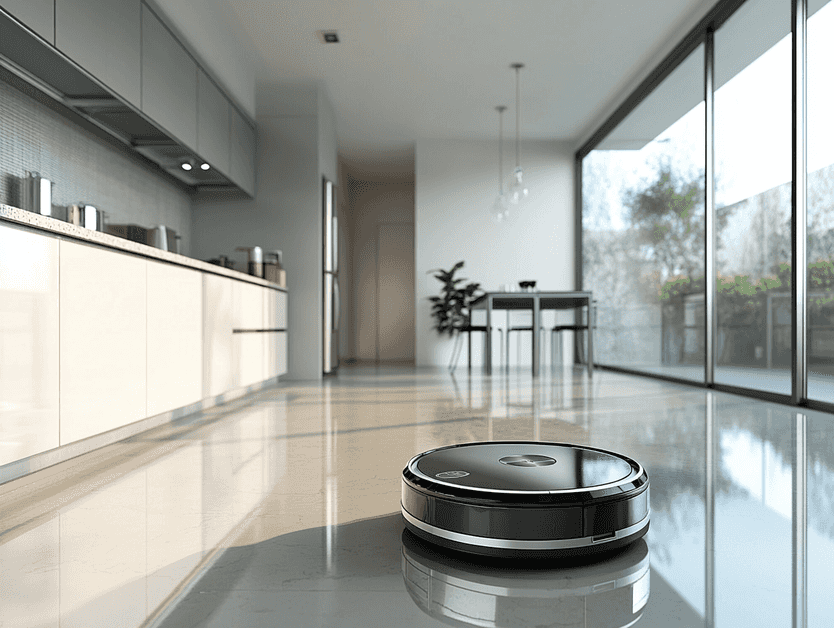 A futuristic smart vacuum in action, cleaning a minimalist home