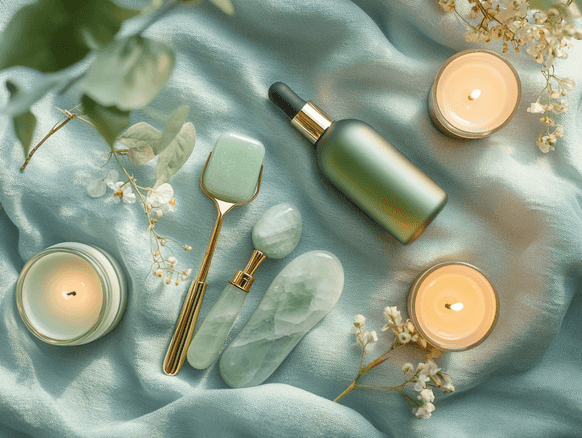 A collection of refillable beauty products displayed in a natural setting