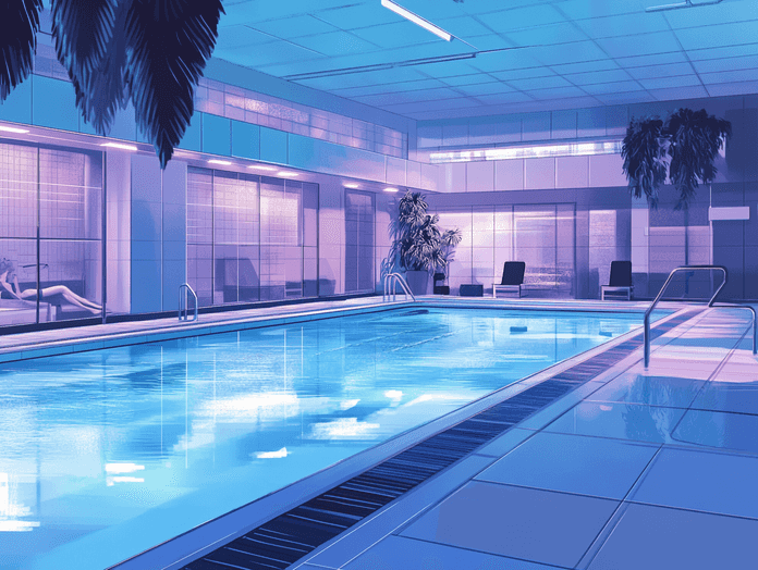 A luxurious gym with a pool and spa area, offering premium amenities