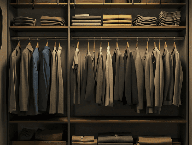 A minimalist wardrobe with neatly folded clothes and organized shelves