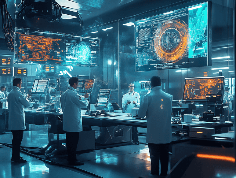 A futuristic AI interface blending text, images, and audio in a sleek design