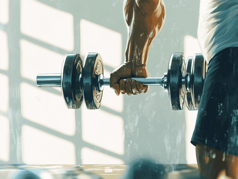 A person performing bicep curls with dumbbells in a bright home gym