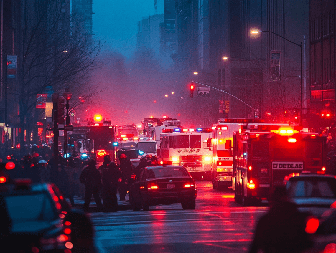 A bustling city street with emergency vehicles and onlookers in the distance