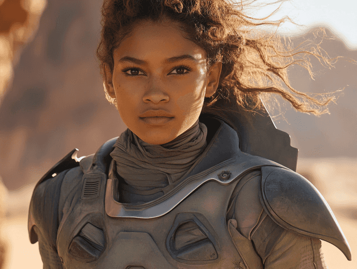 Zendaya in a desert landscape wearing a futuristic costume, blending into the environment