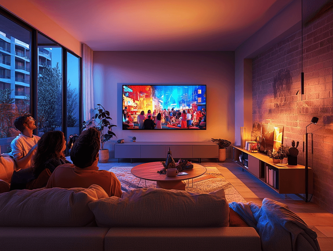 A newsroom with anchors preparing for a broadcast