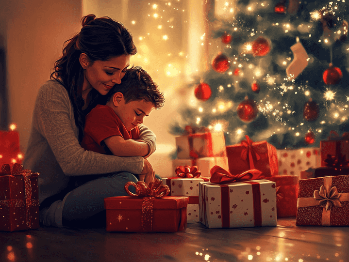 A mother and son laughing together while unwrapping gifts under a Christmas tree