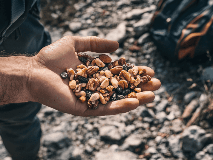 A variety of lightweight backpacking meals and snacks laid out on a wooden table